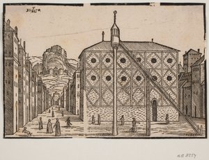Sokak, ön planda cami ve müstakil minare by Melchior Lorck