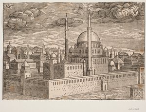 Kuzeybatıdan bakıldığında iki minareli cami; suyun diğer tarafında Galata görülebilir mi? Sağ alt köşede, üzerine kare geometrik bir figürün kazındığı, kübik olarak oluşturulmuş bir taş vardır. by Melchior Lorck