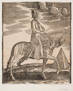 Boynunda bir matara olan binici, profili sağa doğru; sağ tarafında bir kılıç ve eyerin üzerine serilmiş, önünde bagaj; sağda, arka planda bir piramit by Melchior Lorck