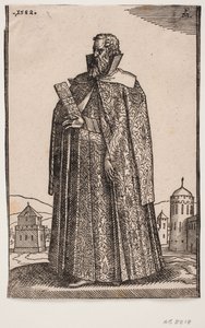 Avrupa Daimi Büyükelçisi (Venedik?) Kostüm, 3/4 profil solda; h. elinde bir mektup çantası tutuyor by Melchior Lorck