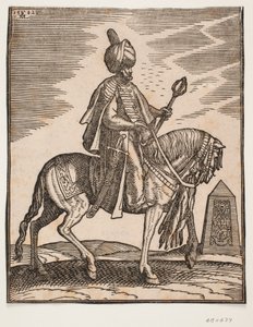Sağ tarafında bir kılıç ve sol elinde bir savaş sopası olan sarıklı binici, profili sağa doğru; arka planda bir dikilitaş by Melchior Lorck