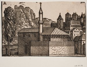 1 minareli kimliği belirsiz cami, t.v. uzun ahşap by Melchior Lorck
