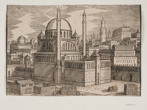 Kuzeydoğudan görülen 2 minareli kimliği belirsiz cami; yığılmış yapı taşları ile ön planda şantiyede by Melchior Lorck