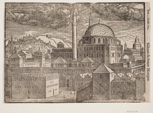 Güneydoğudan görülen 2 minareli kimliği belirsiz cami; televizyon. müstahkem şehir ile dağ by Melchior Lorck