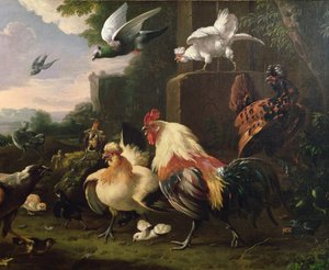 Bir manzarada bir horoz ve diğer kümes hayvanları by Melchior de Hondecoeter