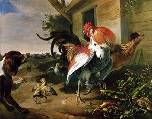 Bir çiftlik bahçesinde kümes hayvanları ve İspanyol by Melchior de Hondecoeter