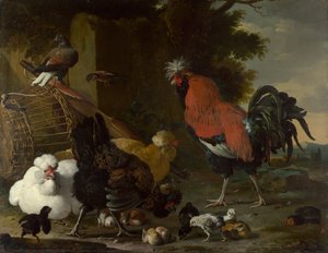 "Bir Horoz, Tavuklar ve Civcivler" (Bir Horoz, Tavuklar ve Civcivler) Tablo Melchior de Hondecoeter (1636-1695) Tuval üzerine yağlı boya ca 1668-1670 Soluk 85,5x110 cm National Gallery, Londra by Melchior de Hondecoeter