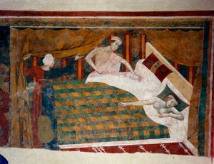 Orta Çağ'da evlilik hayatı sahnesi. Bir adam yatakta çıplak uyuyan karısına katılır. detay. (fresk, 14. yüzyılın başları) by Memmo di Filippuccio