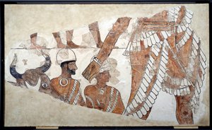 Mezopotamya: kurban düzeni. Zimri Lim sarayının bir freskinin detayı (1782-1759 civarı). MÖ 18. yüzyıl. Mari