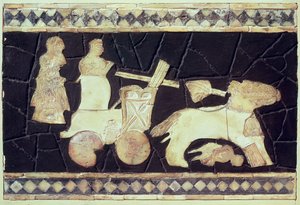İki atın çektiği savaş arabası, MÖ 2800-2300 (fildişi, sedef ve mozaik) by Mesopotamian