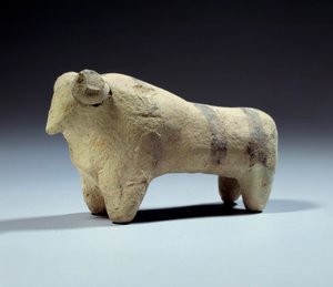 Medopotamie: boyalı şeritleri olan pişmiş toprak boğa heykelciği. Obeid Dönemi (MÖ 5000-4000) MÖ 4700-4200. Paris, Louvre Müzesi by Mesopotamian Mesopotamian