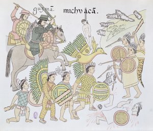 İspanyollar ve Aztekler arasındaki Michoacan Muharebesi, bir Meksikalı Kızılderili resim tarihinin tıpkıbasımından çizim, yaklaşık 1550, 1892 tarihli Lienzo de Tlaxcala
