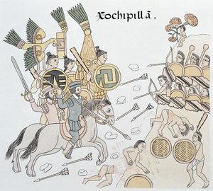 İspanyollar ve Aztekler arasındaki Xochipilla Muharebesi, bir Meksikalı Kızılderili resim tarihinin tıpkıbasımından çizim, yaklaşık 1550, 1892 tarihli Lienzo de Tlaxcala