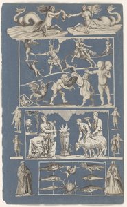 Mavi kağıttan bir albüm sayfasına yapıştırılmış kesilmiş baskılardan oluşan kolaj Doğa harikaları by Michael Snijders (attributed to)
