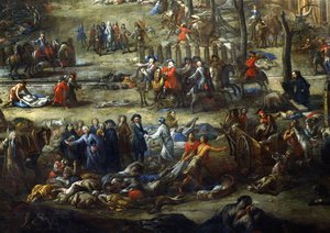 Cours Belsunce'nin görünümü, Marsilya, 1720 Vebası Sırasında, Belsunce Kardinali'ni bir grup veba kurbanı cesetiyle tasvir eden detay by Michel Serre