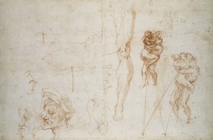 Herkül ve Antaeus ve diğer Çalışmalar, c.1525-28 (kağıt üzerinde tebeşir) by Michelangelo Buonarroti