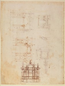 Zafer takı biçiminde mimari kompozisyon çalışmaları, c.1516 (kağıt üzerine kalemli siyah tebeşir ve kağıt üzerine kahverengi mürekkep) (recto) (ayrıca bkz. 191776) by Michelangelo Buonarroti