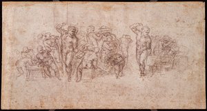 Bir Anlatı Sahnesi için Figürlerin İncelenmesi (kağıt üzerinde siyah tebeşir) (rekto) (ayrıca bkz. 191764) by Michelangelo Buonarroti