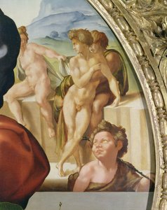Aziz John (Doni Tondo) ile Kutsal Aile arka planda çıplak figürler gösteriyor by Michelangelo Buonarroti