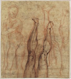 The Risen Christ, bir bacak ve bir ayağın çalışmaları üzerine çizilmiş üç çeyrek uzunlukta çıplak by Michelangelo Buonarroti