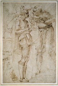 Konuşmada Üç Adam (kağıt üzerinde kalem ve kahverengi mürekkep) by Michelangelo Buonarroti