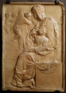 Merdivenlerde Bakire (Madonna della Scala) Michelangelo Buonarroti dit Michel Ange (Michelangelo veya Michelangelo) tarafından alçak mermer kabartma by Michelangelo Buonarroti