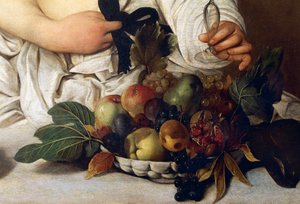Bacchus, meyve kasesi ile detay, c.1589 (tuval üzerine yağlı boya) by Michelangelo Merisi da Caravaggio