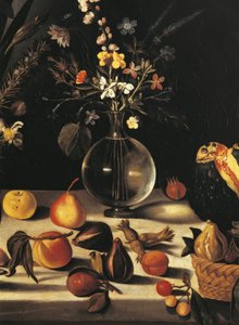 Çiçekler ve meyvelerle natürmort, Master of the Hartford Natürmort, c.1600-10 (tuval üzerine yağlı boya) (507174 detayı) by Michelangelo Merisi da Caravaggio