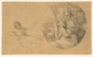 Kutsal Aile ile Tondo; ek olarak, yatan bir kadınla ilgili bir çalışma by Michele Sangiorgi (possibly)