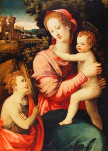 Madonna ve Çocuk, Bebek Aziz Vaftizci Yahya ile, ötesinde hayali bir saray ile ormanlık bir nehir manzarası,
