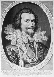 Willem Jacobsz tarafından oyulmuş George Villiers, 1. Buckingham Dükü (1592-1628) portresi. Delff (1580-1638) 1626 (gravür) (bw fotoğraf)
