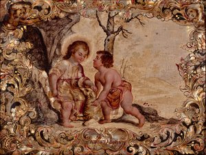Bebek İsa ve Bebek Vaftizci Yahya (ahşap panel üzerine yağlıboya ve sedef kakma) by Miguel Gonzalez