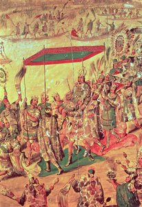 Montezuma'nın Karşılanması (1466-1520) 'Hernando Cortes (1485-1547) 1698 tarafından Meksika'nın Fethi'ni tasvir eden bir resimden detay