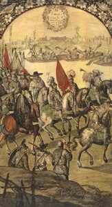 Hernan (veya Hernando) Cortes veya Fernand Cortez (1485-1547) ve maiyeti tenochtitlan