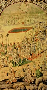 Hernando Cortes (1485-1547) ve Montezuma (1466-1520) arasındaki karşılaşmayı tasvir eden bir çift panelden biri: Montezuma ve takipçileri, 1698