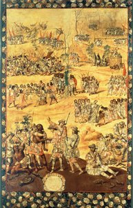 Hernando Cortes (1485-1547) ve Montezuma (1466-1520) arasındaki Karşılaşma, Meksika'nın Fethi'nden bir panel