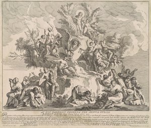 1739 Chinea için Prima Macchina: Apollo, Muses ve Pegasus ile Parnassus Dağı by Miguel de Sorellò, after Pierre Parrocel, after Michelangelo Specchi