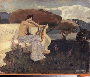 Muse, tiyatro perdesi projesi (Muse - Tiyatro Perdesi Tasarımı) - Mikhail Alexandrovich Vrubel (Vrubel) (1856-1910), tuval üzerine yağlı boya, yaklaşık 1890 - Rus sahne sanatı by Mikhail Aleksandrovich Vrubel