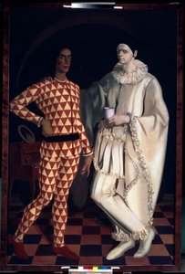Alegorik sahne. (Birkaç sevgili, birkaç güvercin ve Cupid çalan müzikle çevrili). Sergei Yurievich Sudeykin (Serge Soudeikine) (1882-1946), tuval üzerine yağlı boya, yaklaşık 1910. Rus sanatı, 20. yüzyıl, art nouveau, modernizm.