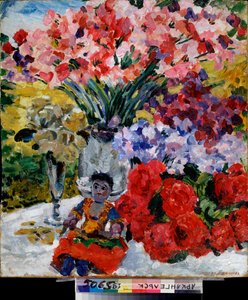 Çiçekler ve bir oyuncak bebek - Mikhail Nikolayevich Yakovlev (1880-1942), tuval üzerine yağlı boya