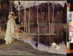 Çift Uyum. Kostümlü ve tiyatro makyajlı bir çift, üzerinde birkaç kuğun huzur içinde yüzdüğü bir gölün yakınında gökyüzüne bakıyor. Mikhail Vasilyevich Nesterov