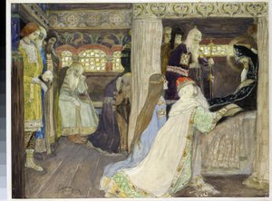 Büyük Dük Alexander Nevsky'nin (1220-1263) ölümü. (Büyük Dük Alexander Nevsky'nin Ölümü). Mikhail Vasilyevich Nesterov (1862-1942), kağıt üzerine suluboya ve guaj çalışması by Mikhail Vasilievich Nesterov