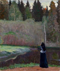 ""Le chant du rossignol"" (Bülbül Şarkı söylüyor) Bir rahibe kuş ötüşü dinliyor - Tablo Mikhail Vasilyevich Nesterov (1862-1942) 1918 Dim 81x68,5 cm Özel koleksiyon by Mikhail Vasilievich Nesterov