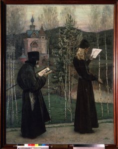 Çanlar çalıyor (Çanlar Çalıyor). Yürürken kitap okuyan iki keşiş, arka planda bir kiliseye doğru ilerliyor. Resim, Mikhail Vasilyevich Nesterov (1862-1942), tuval üzerine yağlı boya by Mikhail Vasilievich Nesterov