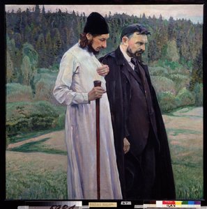 Filozoflar. Sergei Boulgakov (1871-1944) ve Pavel (Paul) Florensky (1882-1943). (Filozoflar. Sergei Bulgakov ve Pavel Florensky). Mikhail Vasilyevich Nesterov'un (1862-1942) tablosu, tuval üzerine yağlı boya