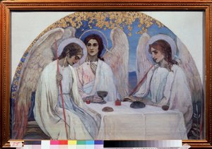 İbrahim'in misafirperverliği. Eski Ahit'in Üçlemesi. Chene de Mambre yakınlarında İbrahim'e görünen üç meleğin temsili. (İbrahim'in Misafirperverliği (Eski Ahit Trinity)) Mikhail Vasilyevich Nesterov (1862-1942), tuval üzerine yağlı boya.