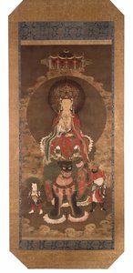 Aslan Üzerinde Bodhisattva Mañjusrî, 14. yüzyıl sonu (ipek üzerine mürekkep, renk ve altın pigment) by Ming Dynasty Chinese School