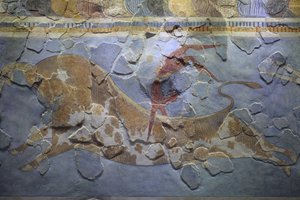 Minos sanatı. "Boğa Sıçrayan" Fresk. Bu sporun nasıl yapıldığını gösteren boğa sıçraması sahnesi. Fresk, Knossos sarayının doğu tarafında bulundu. by Minoan