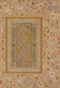 Geç Shah Jahan Albümünden Sayfa: Çiçekler ve Kuşlardan Oluşan Süs Bordürle Çerçevelenmiş Farsça Kaligrafi by Mir 