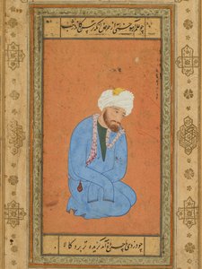 Prens Salim Albümünden diz çökmüş kutsal bir adamın portresi, c. 1556-60, sınır c. 1602. by Mir Sayyid Ali
